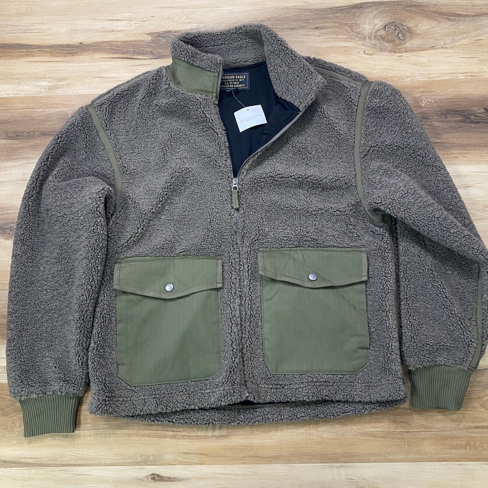 American Eagle Sherpa Fleece Jacket Size M Utility Full Zip Heavyweight Green